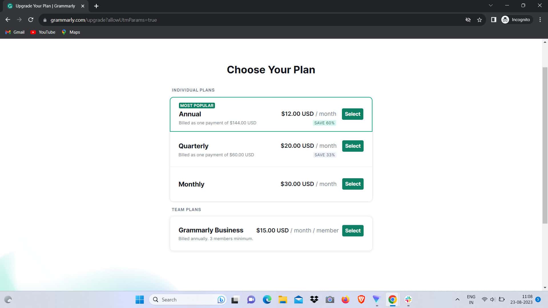 Grammarly offers annual, quarterly, and monthly plans.
