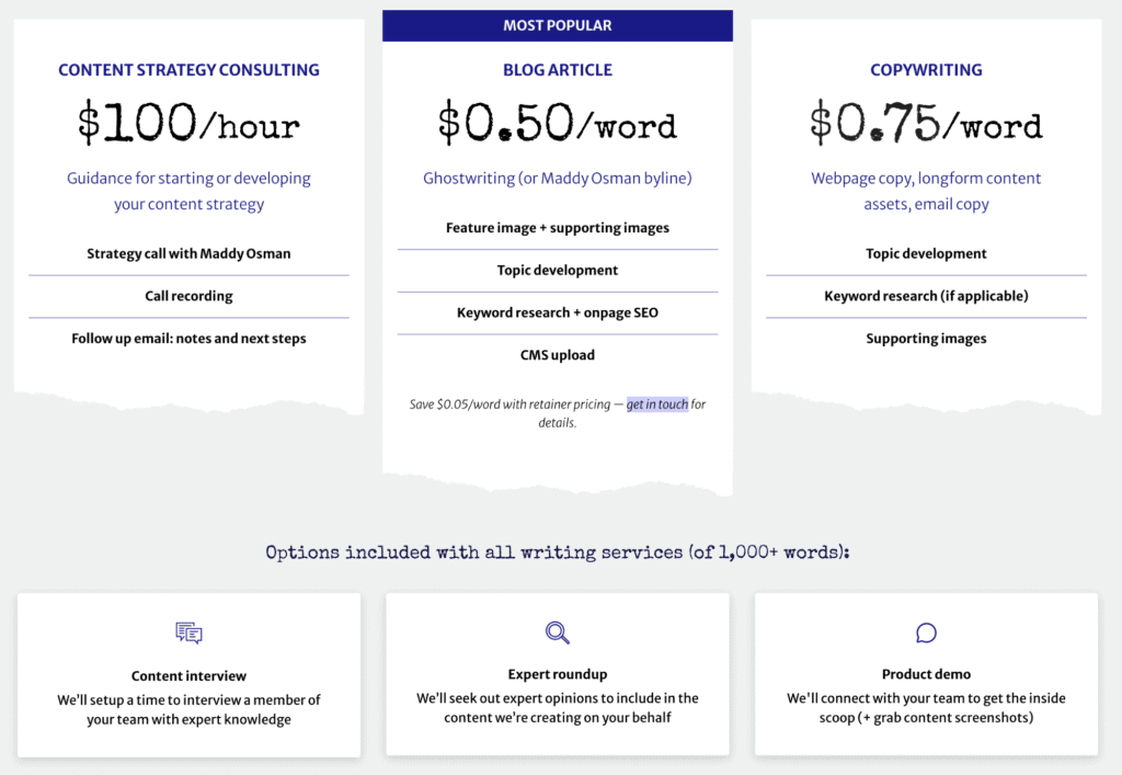 Pricing table