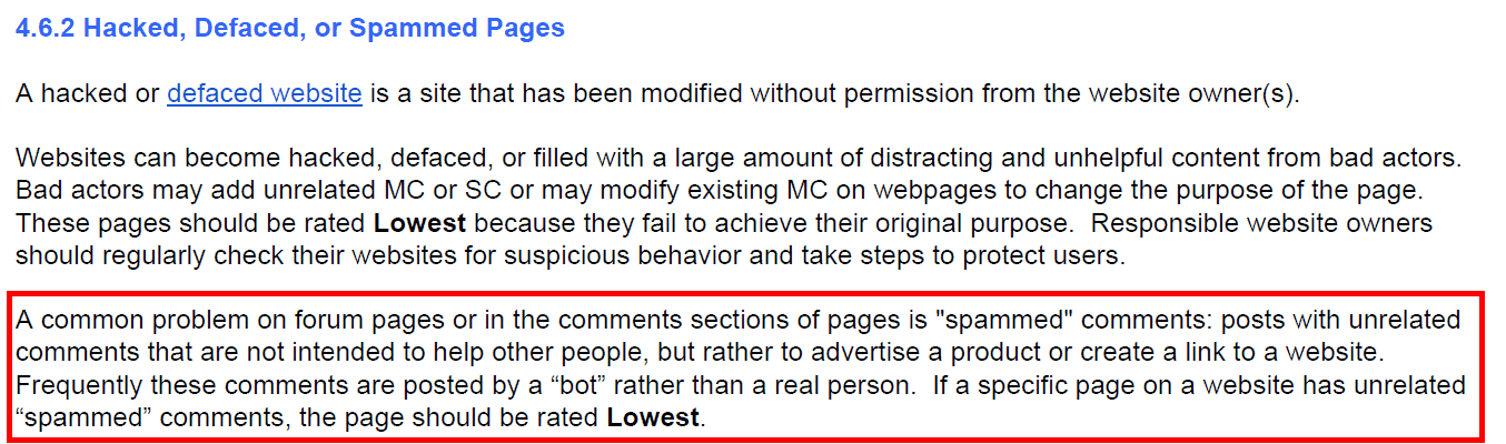 Websites with spammed comments also get the lowest rating.