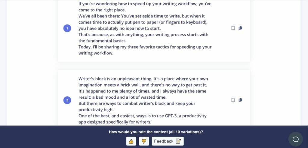 how to use gpt 3 to write articles Screenshot from Writesonic of automatically generated article introductions for a blog post about how to use GPT-3