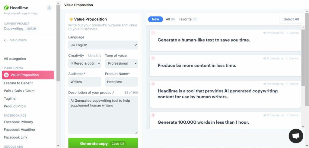 Screenshot of Headlime AI-powered copywriting tool generating value propositions