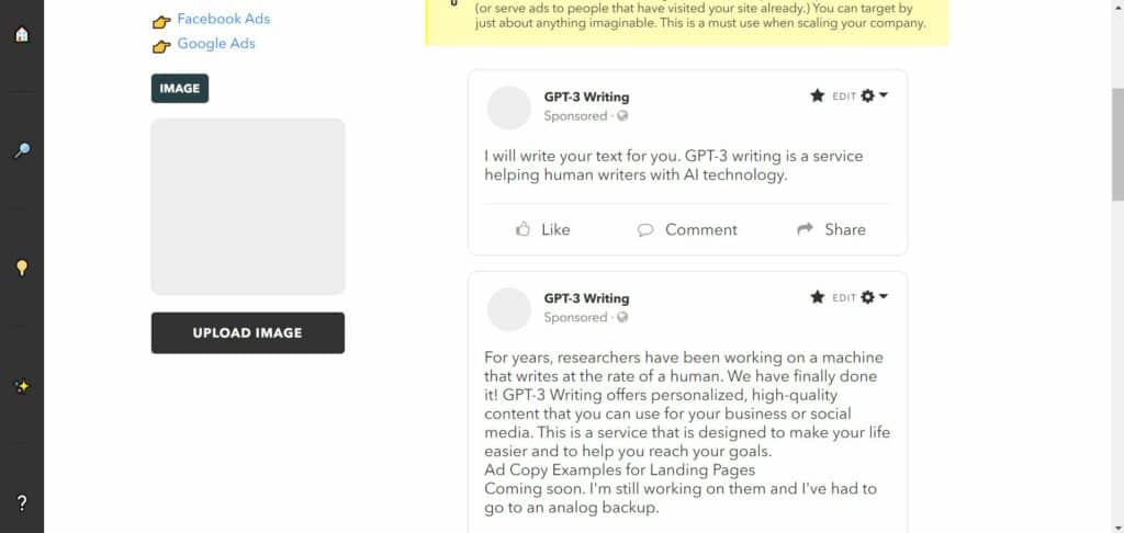 Screenshot of Niches$$ automatically generating Facebook ads for how to use GPT-3 to help human writers