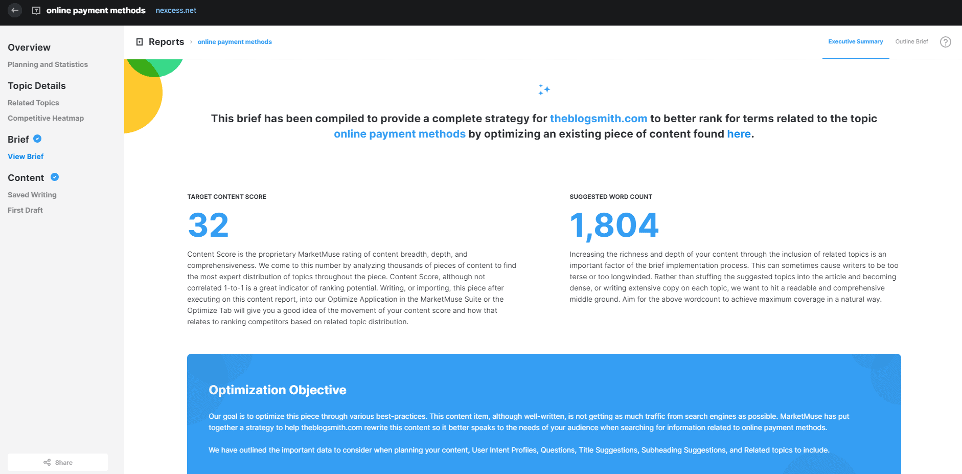 Screenshot of MarketMuse content brief Executive Summary