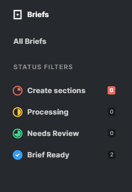 Screenshot of MarketMuse content brief status filters