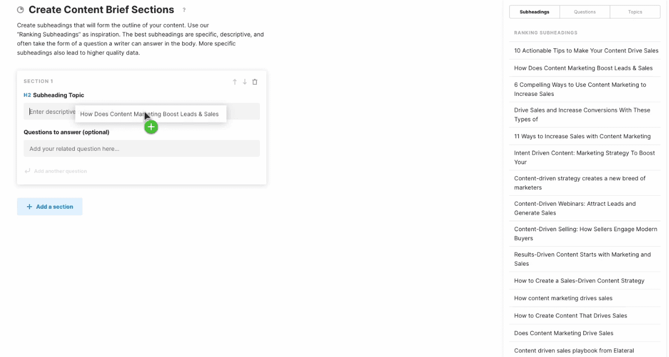 Screenshot when dragging topics to create content brief sections