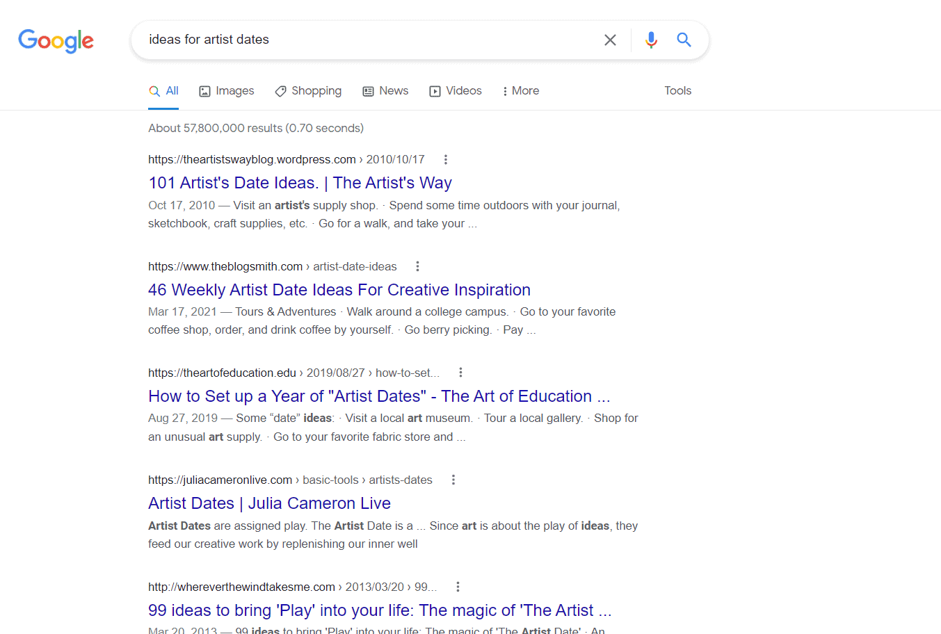 Best listicle results for the google search ideas for artist dates