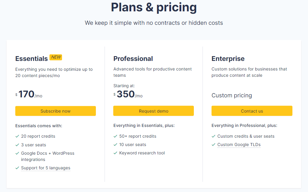 Clearscope plans and pricing