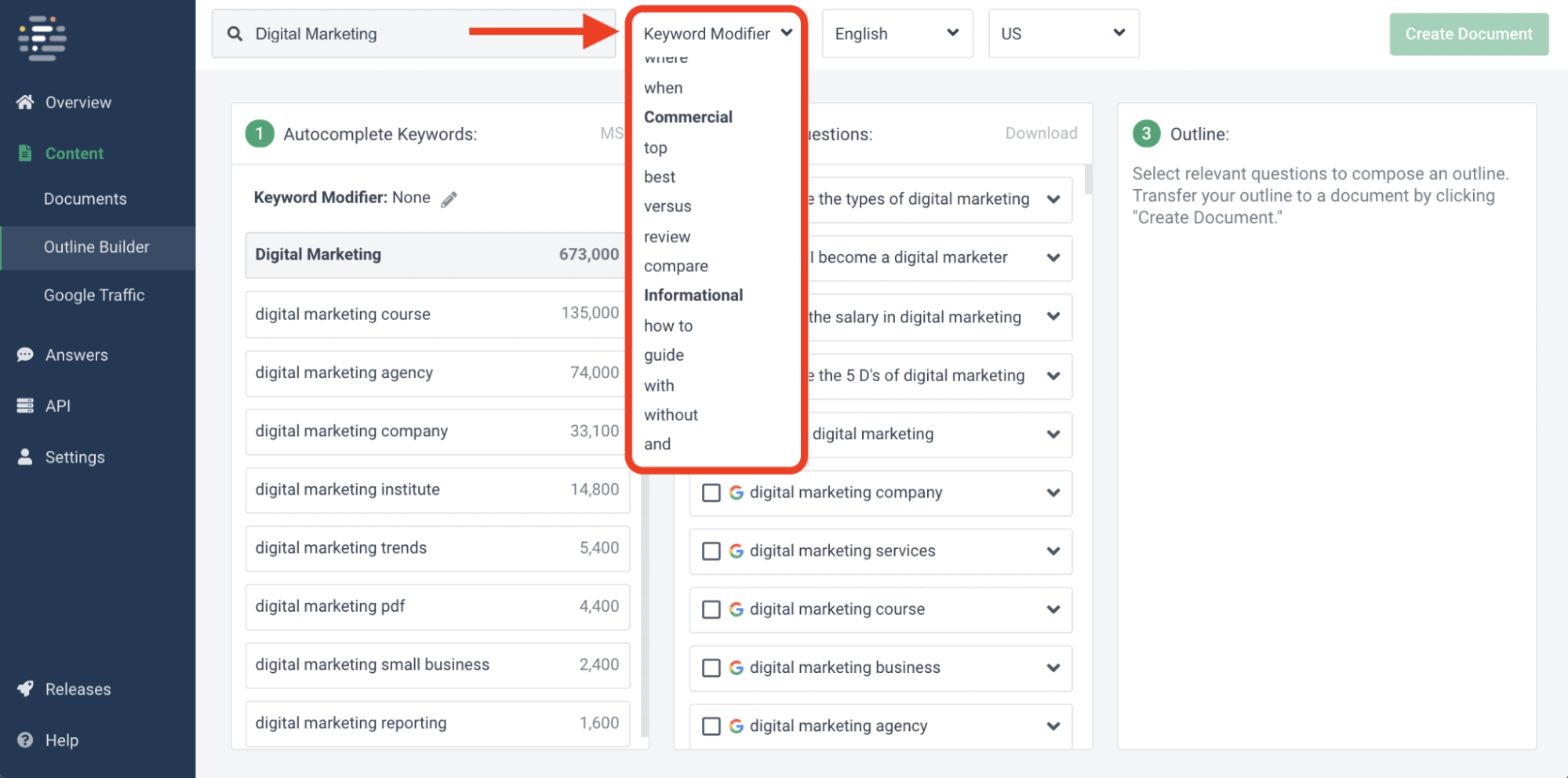 Frase Outline Builder’s keyword modifiers