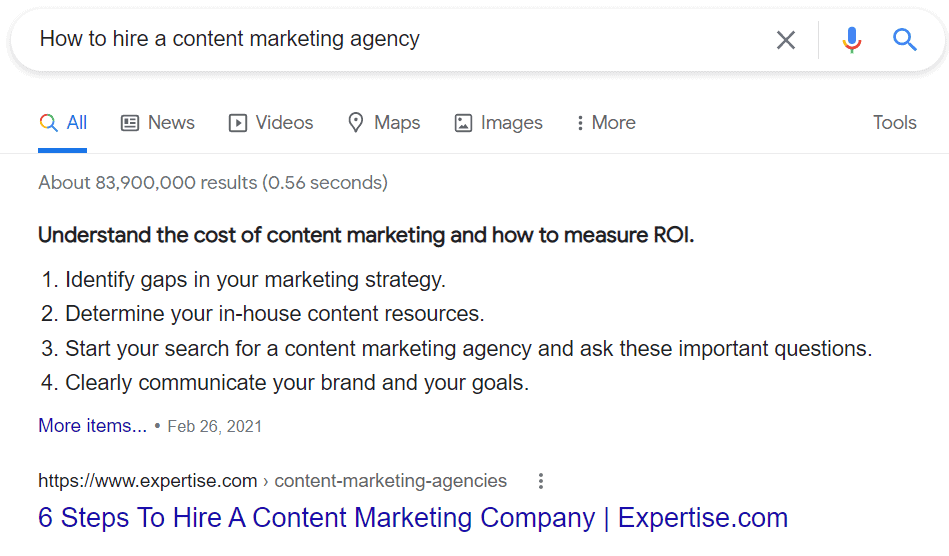 Google displaying best listicle snippet for how to hire a content marketing agency