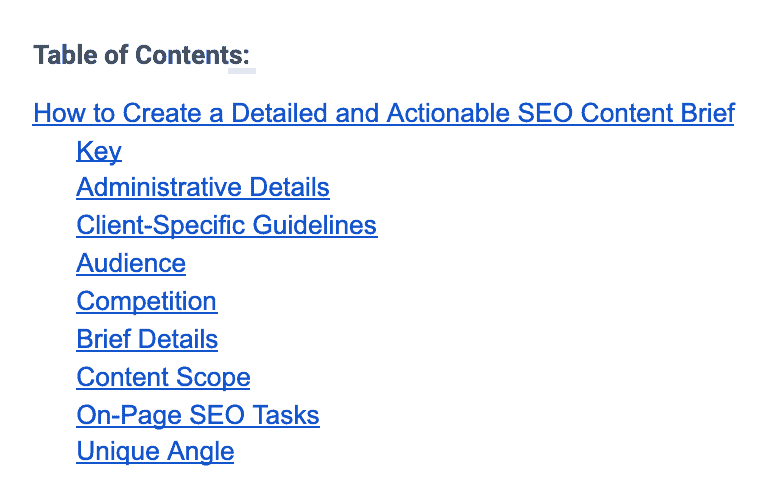 The Blogsmith Content Brief Table of Contents