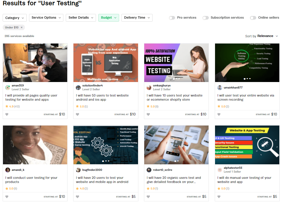 Though you could certainly take it upon yourself to recruit users, you’ll move through the process quicker and with less stress if you outsource this task to a platform with an existing database of users. The premium option on the market is UserTesting. It’s perhaps best suited for enterprise businesses, as simple tests are rumored to cost ~$50/user. Though less regulated, the budget option is Fiverr, where you can score a basic user test starting at $5/user.