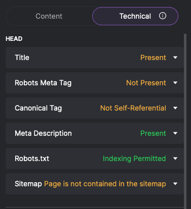Technical Recommendations in the SEO Content Assistant