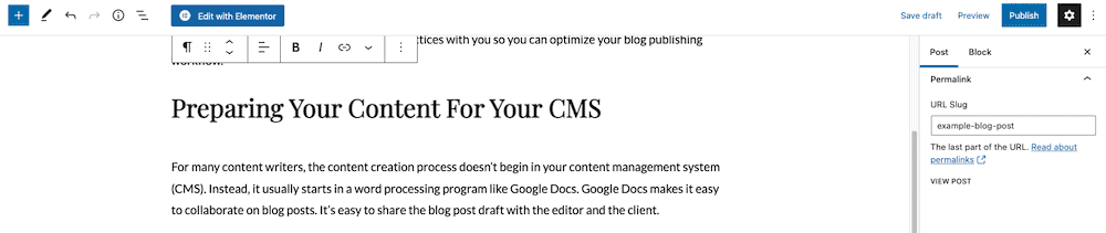 Screenshot showing where to customize the URL Slug of a WordPress blog post.
