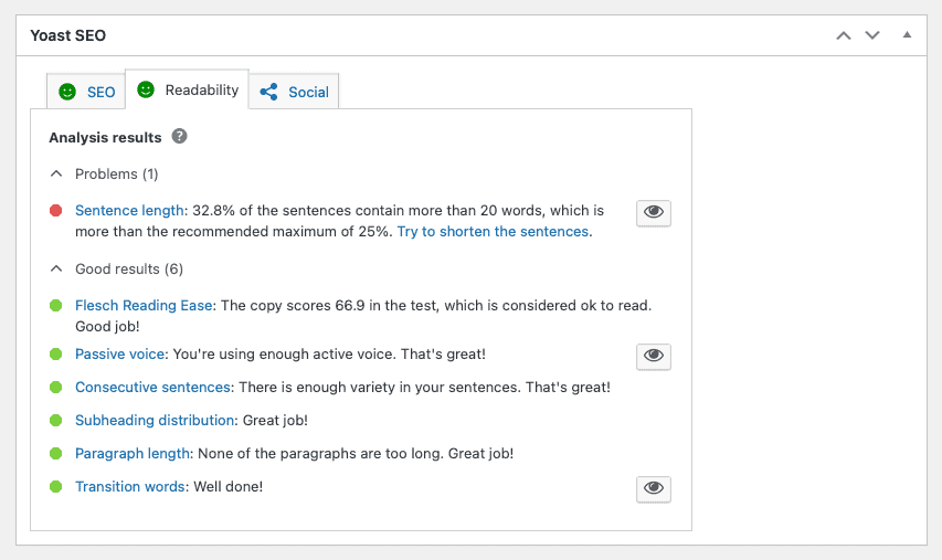 Screenshot showcasing the Yoast SEO Readability Score for a blog post.