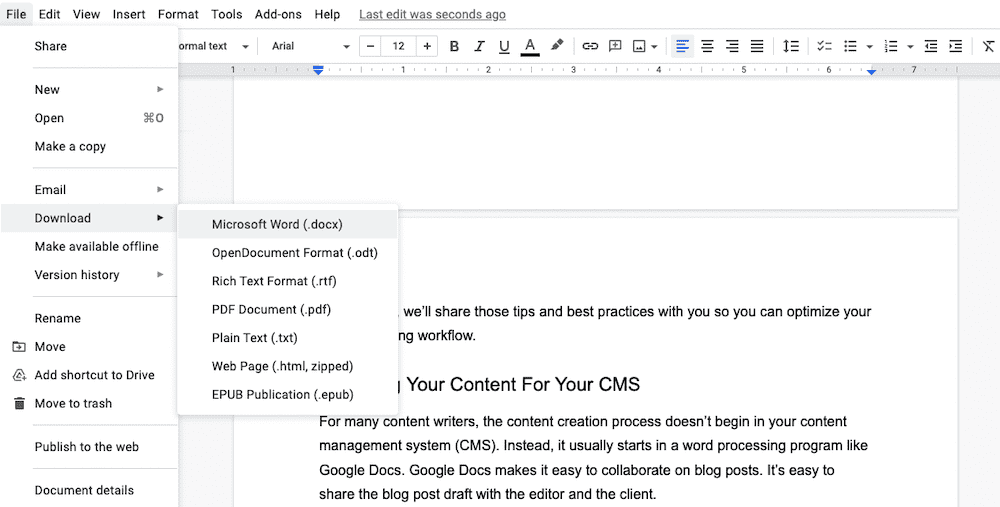 Screenshot showing how to download a blog draft from Google Docs.