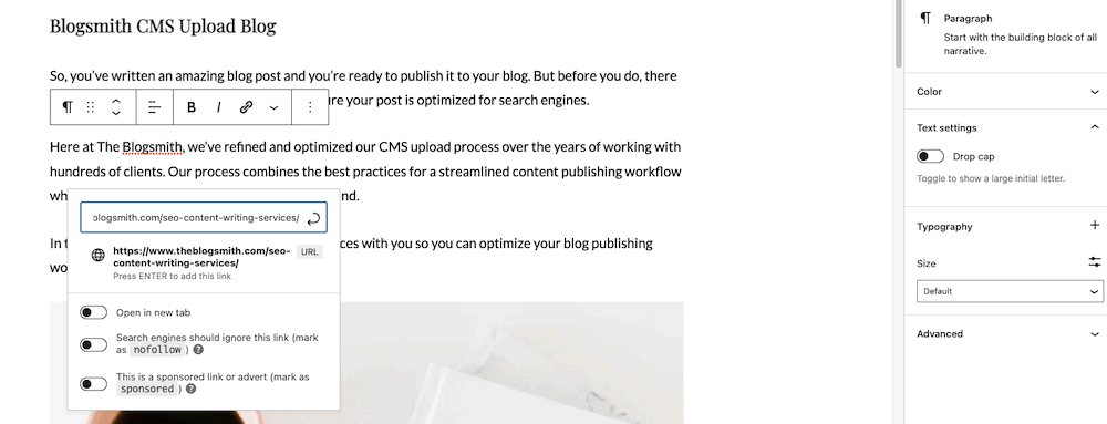 Screenshot showing how to add internal links on WordPress.