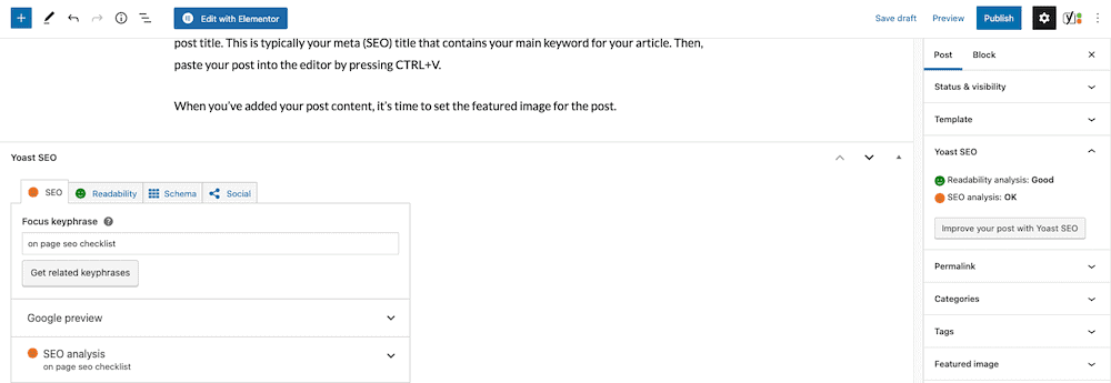 Screenshot showing how to set the focus keyphrase for your WordPress blog post.