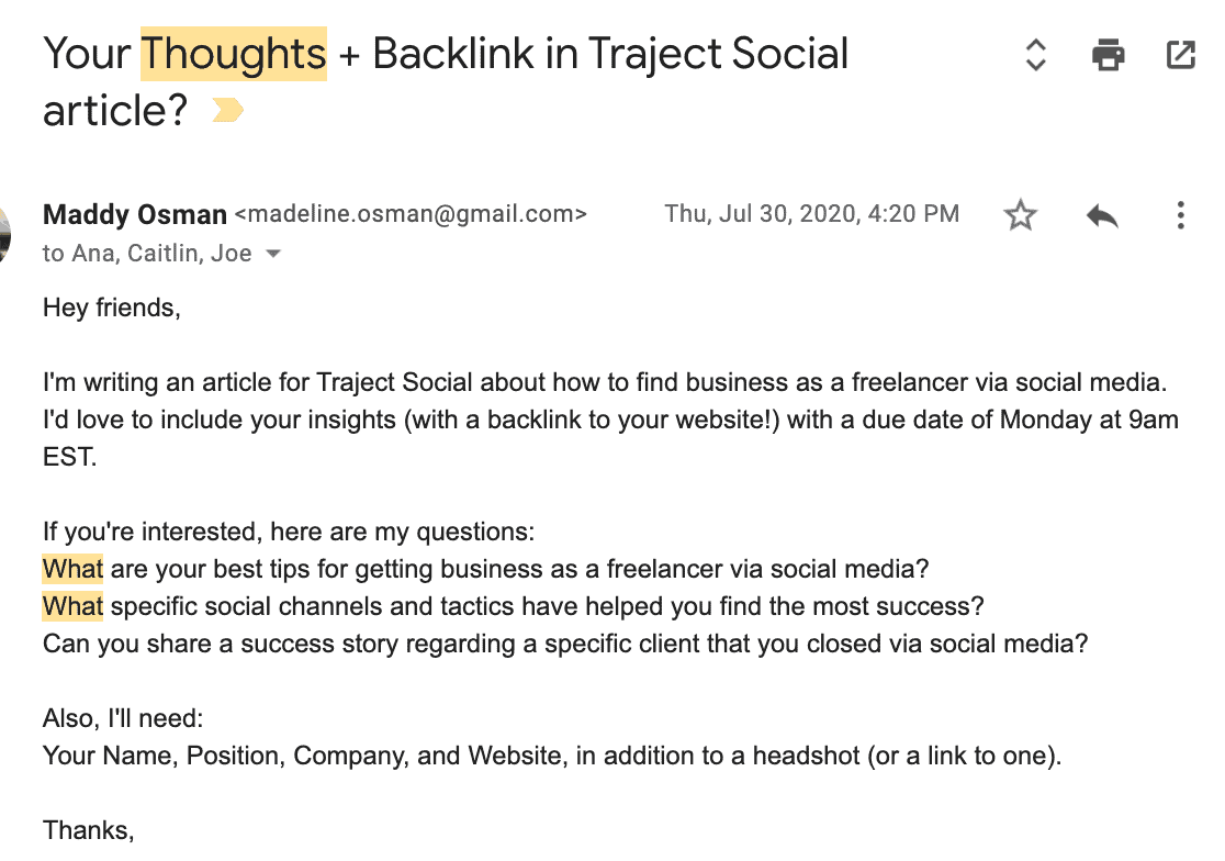 Sample email to send to a subject matter expert requesting help.