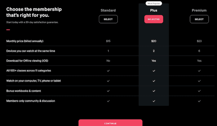 Masterclass pricing plans