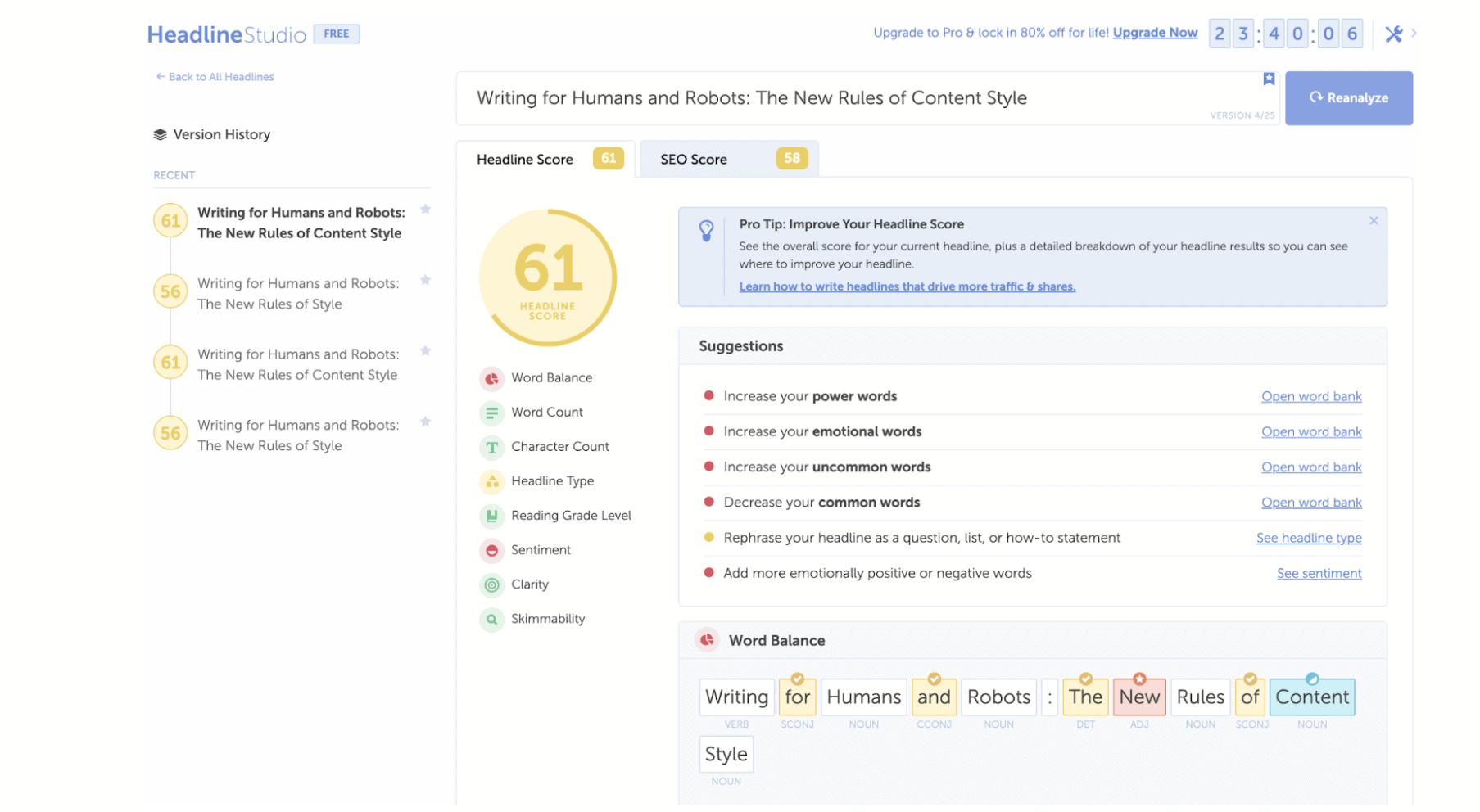 Headline analyzer result