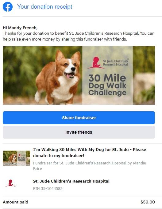 30 mile dog walk challenge donation - St. Jude Children's Research Hospital