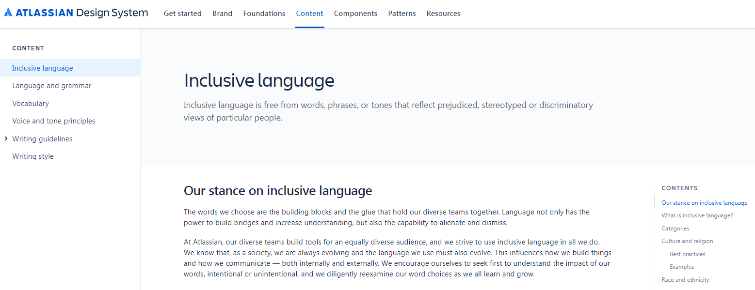 A screenshot of part of Atlassian’s inclusive language style guide.