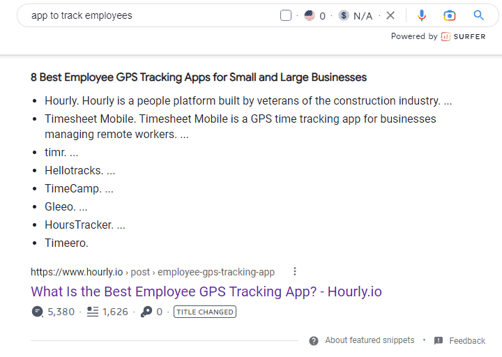 Hourly article ranking as a featured snippet on Google for the keyword “app to track employees.”