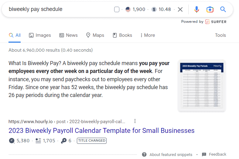 Hourly article ranking as a featured paragraph snippet result for the keyword “biweekly pay schedule.”