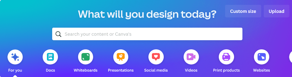 Front page of Canva’s design tool.