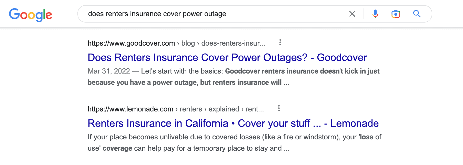 Goodcover outranking competitors on the first page of SERPs. for "power outage keyword".