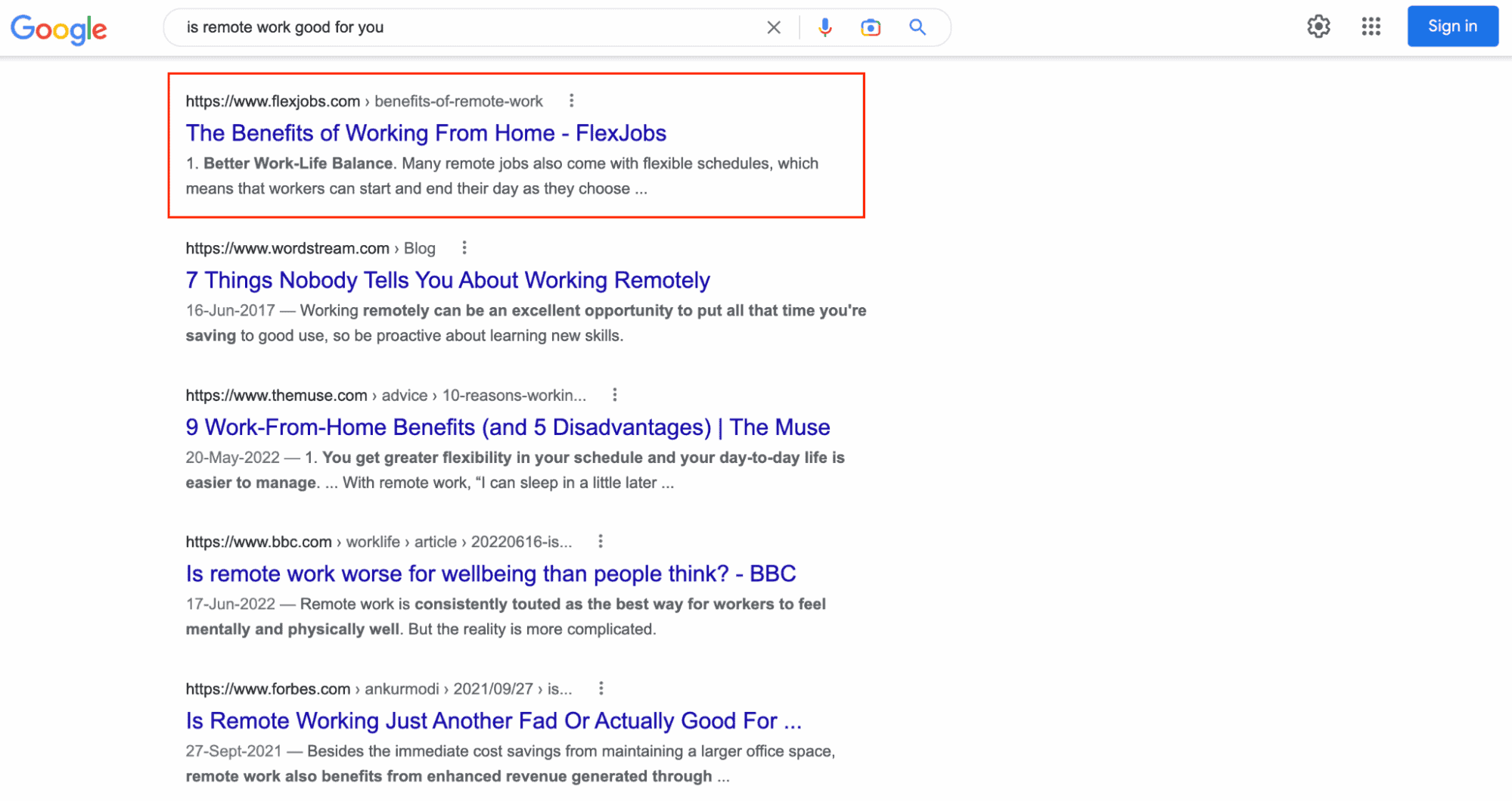 Google’s top SERP result for the long-tail keyword “is remote work good for you?”