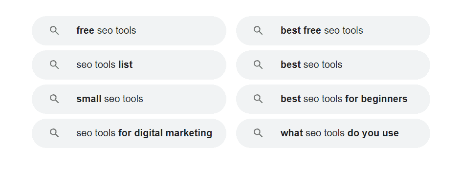Google’s related searches when people search for “SEO tools.”