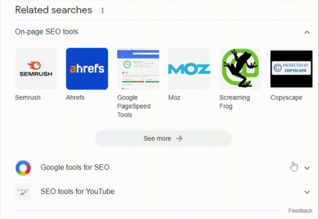 Google’s related searches section showing SEO tools after searching for “best SEO tools.”