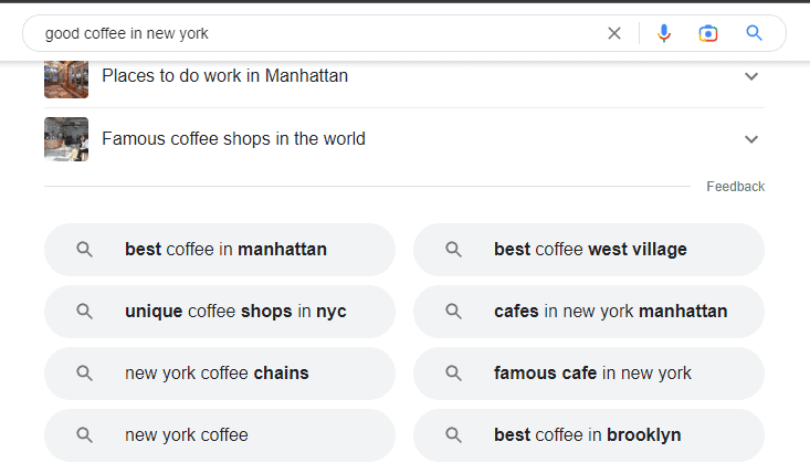 Example of how Google’s related searches consider keywords and user intent to list results.