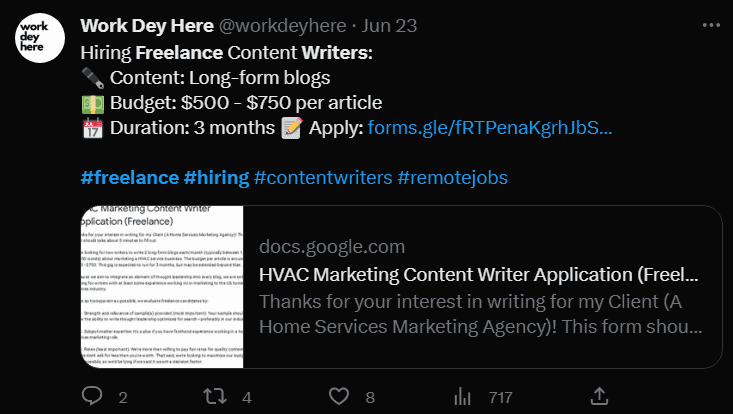 A Twitter post using #hiring and freelance content writers to outsource content writing.