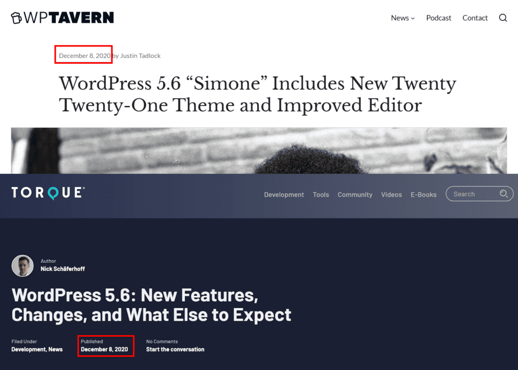 Comparison of publishing date of Torque and WPTavern.