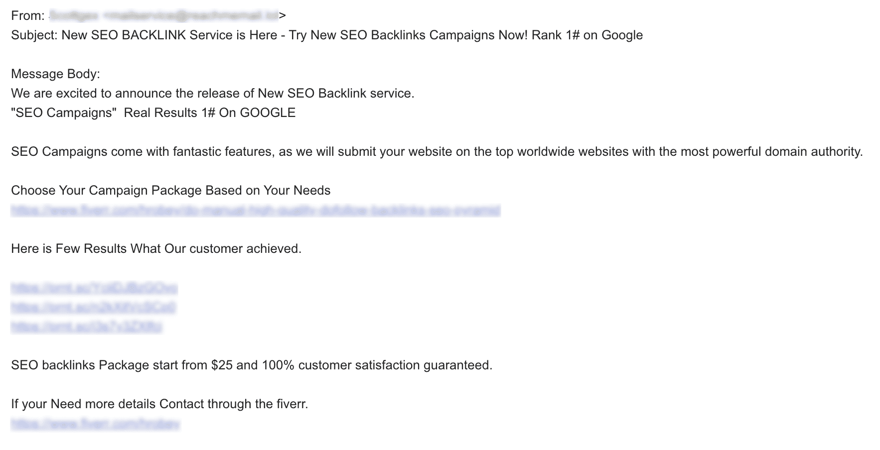 An email from a questionable SEO company promising guaranteed SEO services.