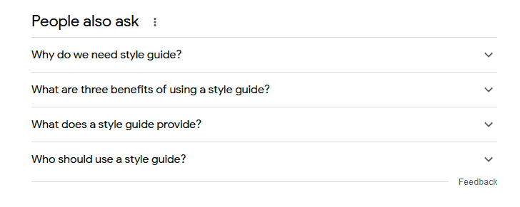 PAA box showing content ideas related to style guides.