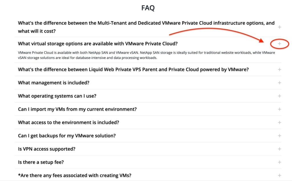 Example of an accordion FAQ section from Liquid Web.
