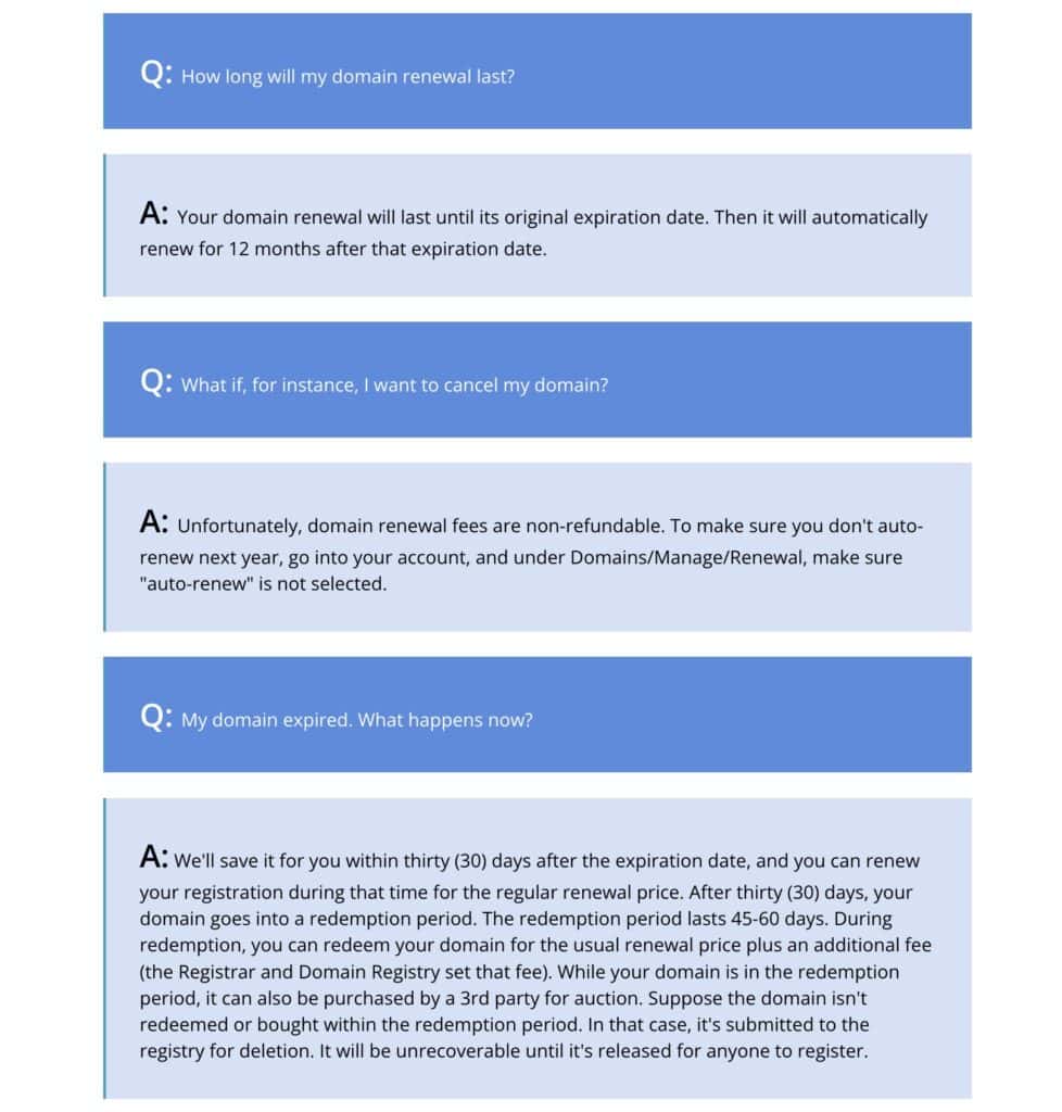Screenshot of Bluehost’s FAQ page.
