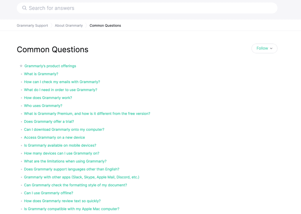 Screenshot of Grammarly’s FAQ page.