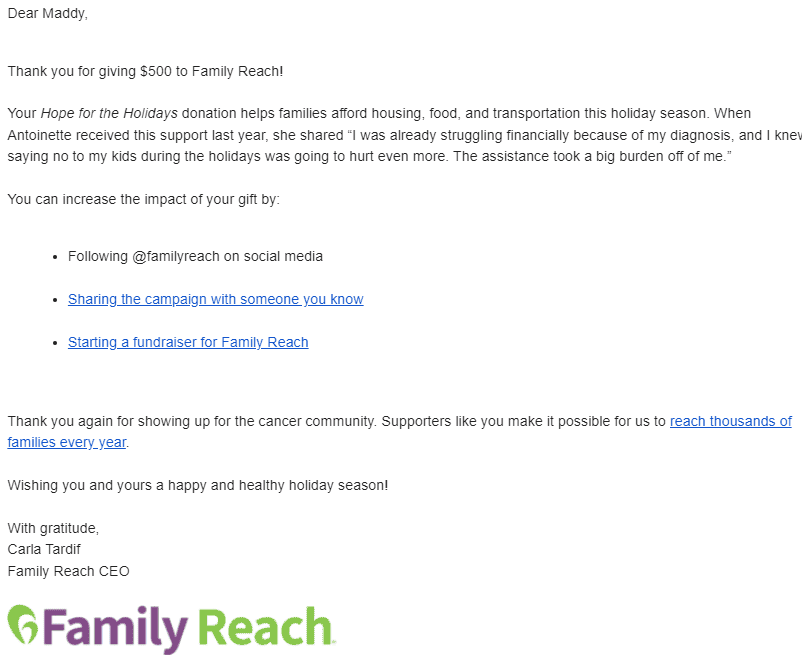 Family Reach Donation December 2023