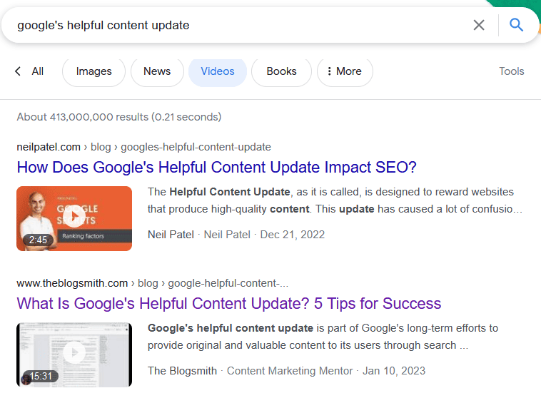 A screenshot of Google Search results showing The Blogsmith’s blog post ranked at number two for “Google’s helpful content update.”