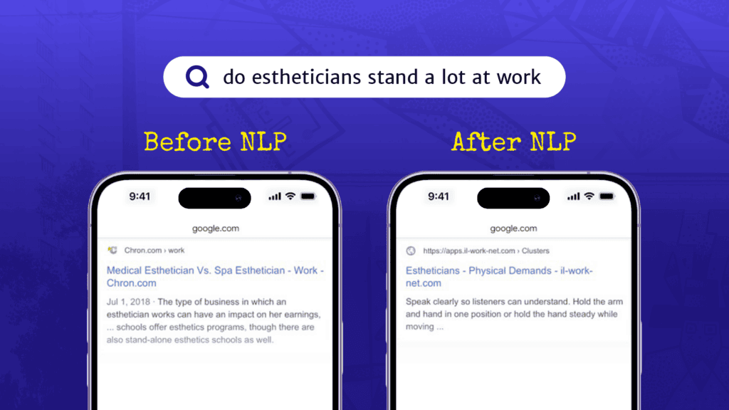 Google search results before and after BERT, its NLP update.