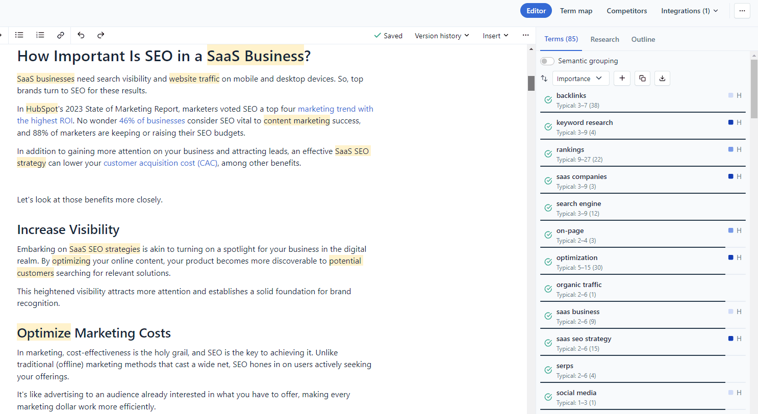 Clearscope allows you to optimize your article with relevant keywords to boost your SEO performance.