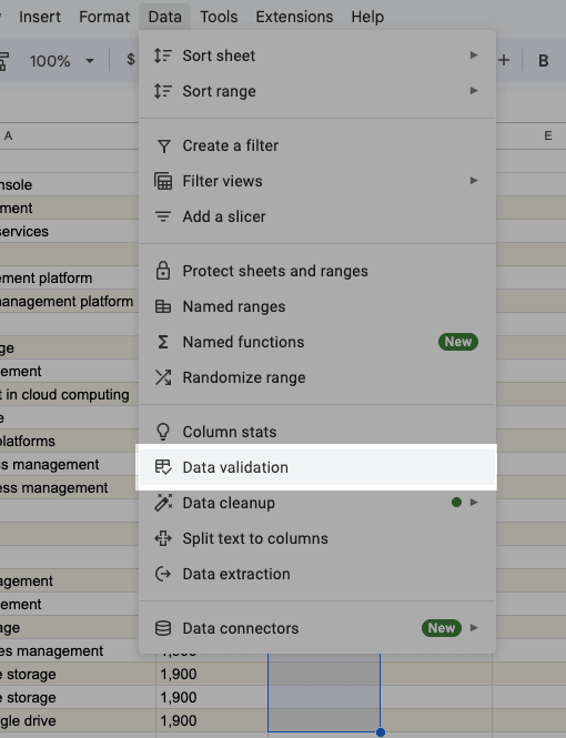 Access the data validation option from the Google Sheets menu.