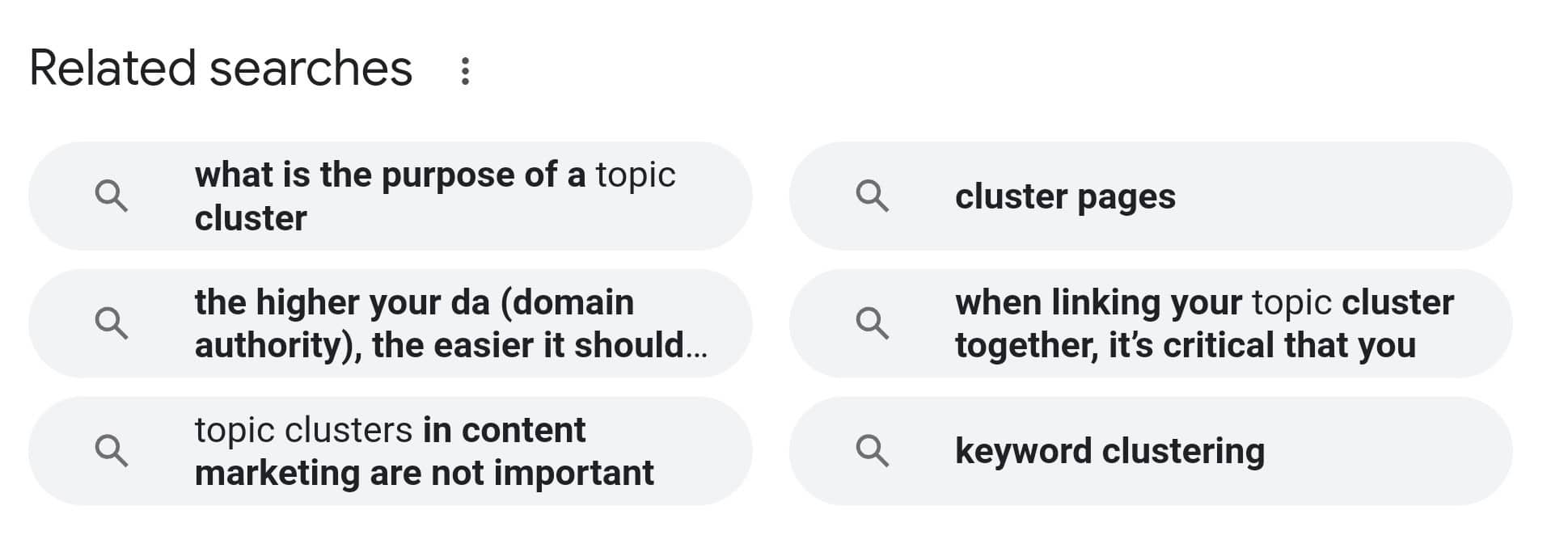 Google’s related searches feature is excellent for generating cluster page ideas.