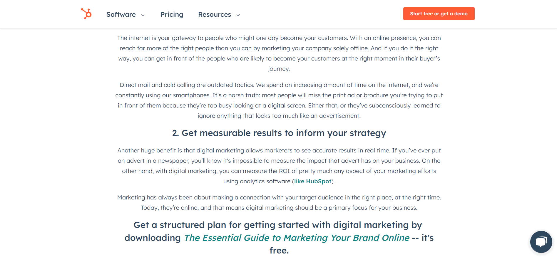 HubSpot’s digital marketing pillar page effectively demonstrates interlinking to cluster pages.