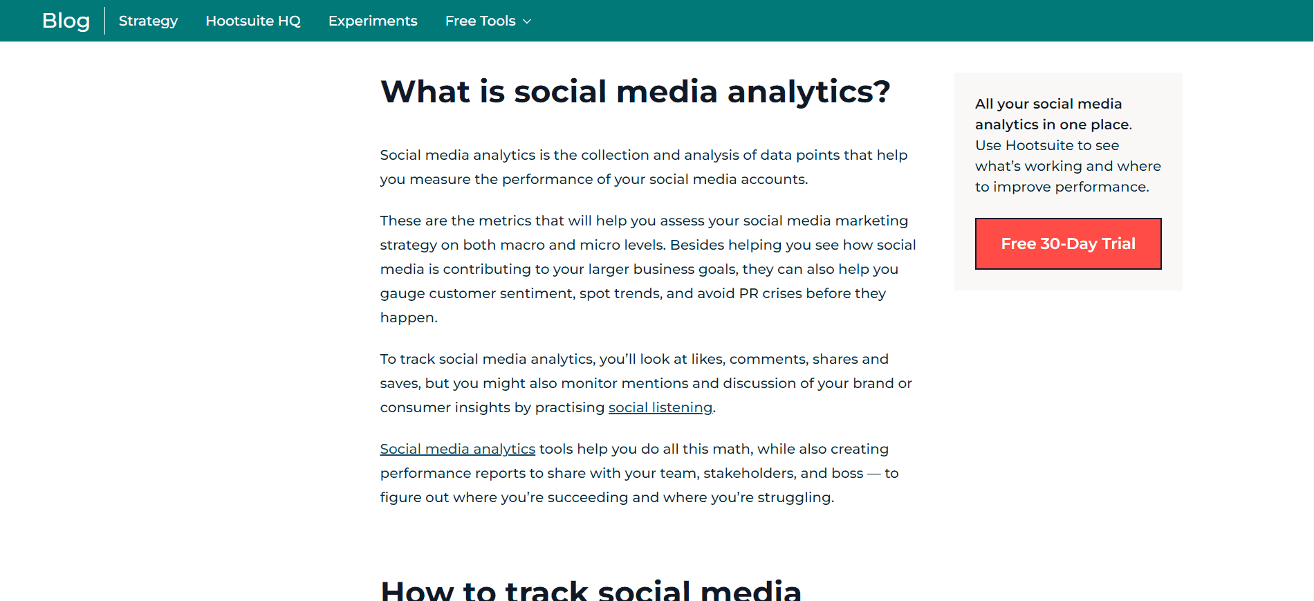 Hootsuite’s social media marketing pillar page leads to the cluster page about social media analytics.
