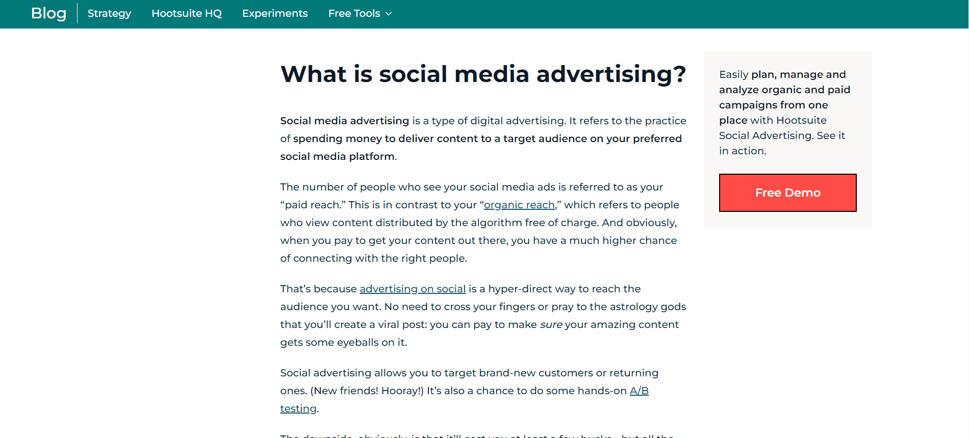 You can reach the social media advertising article through Hootsuite’s social media marketing pillar page.